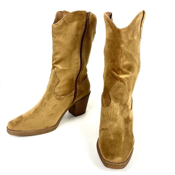 POP Natural Faux Suede Cowgirl Boots Womens SZ 10 Side Zip Chunky Heel Boho Chic - Picture 2 of 13